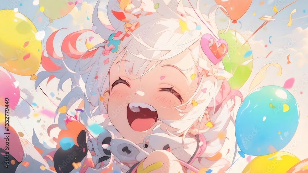Joyful Child Amidst Colorful Balloons and Confetti Joyful Child Amidst Colorful Balloons and Confetti
