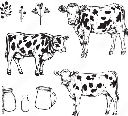 set of grunge rubber stamps of cows and milk bottle