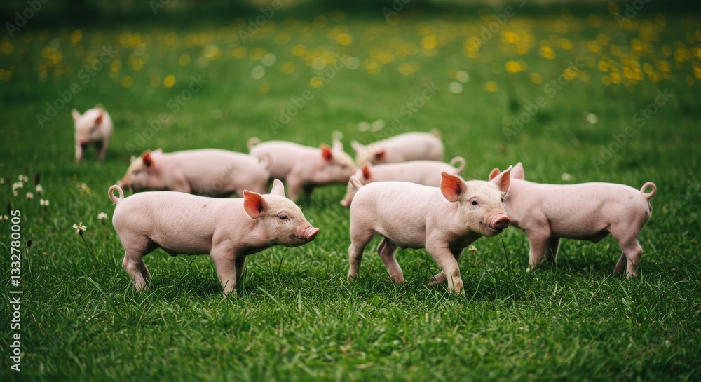 Obraz premium Piglets Playing in Green Pasture - Adorable piglets frolic in a lush green field, enjoying the sunny day. Perfect for agricultural, farming, or livestock themes