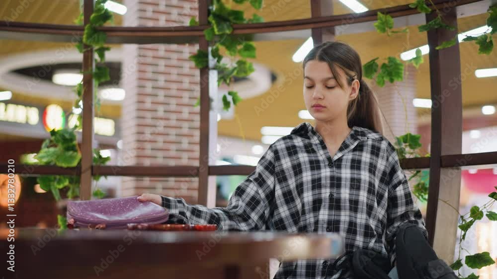 Young girl with a concerned expression takes out a mirror and personal items from her bag, examining her hair while sitting in a cozy indoor space with green plants and warm lighting around her Young girl with a concerned expression takes out a mirror and personal items from her bag, examining her hair while sitting in a cozy indoor space with green plants and warm lighting around her