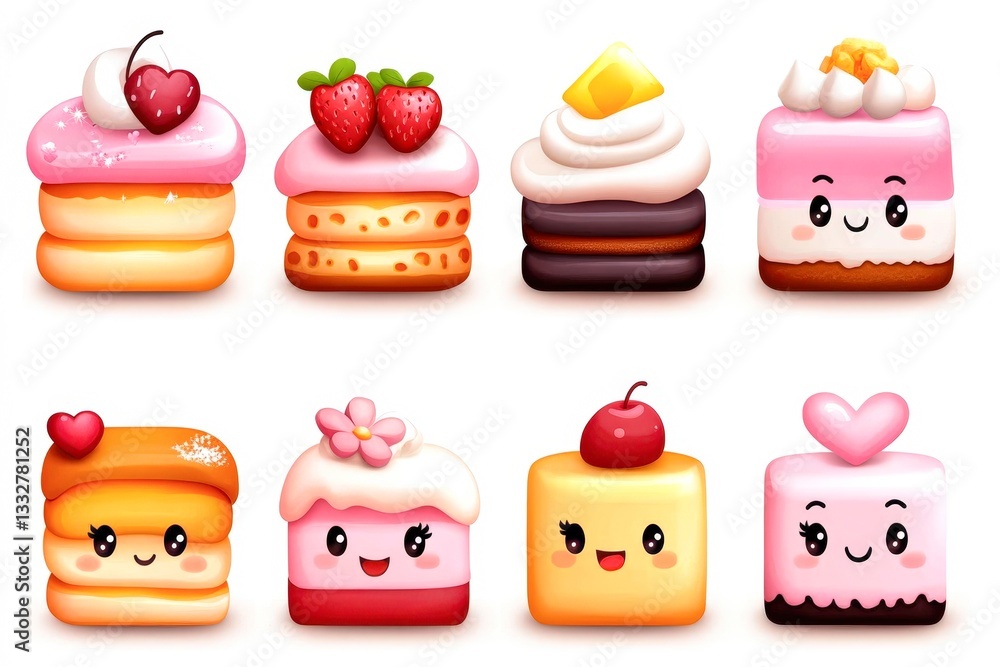 A colorful arrangement of cute, illustrated desserts featuring cakes and pastries with smiling faces, Ideal for children's products, bakery advertising, party invitations, or social media content, A colorful arrangement of cute, illustrated desserts featuring cakes and pastries with smiling faces, Ideal for children's products, bakery advertising, party invitations, or social media content,
