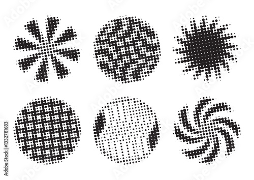 Black dotted halftone circle set, collection of trendy vintage round shapes, vector retro radial forms, dark gradients with grunge effect, monochrome modern abstract backgrounds