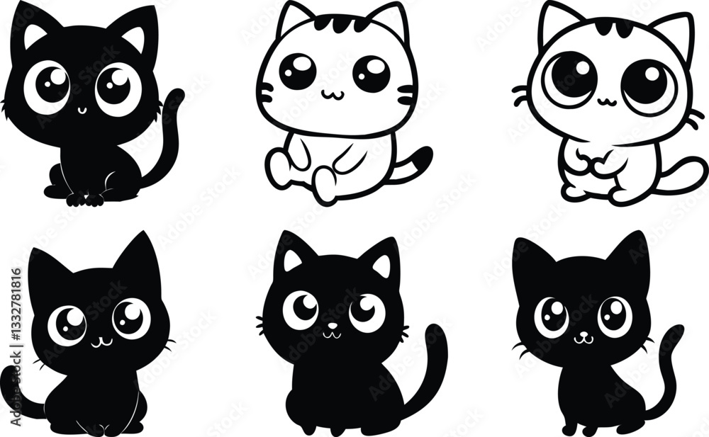 Cute Cartoon Cat Silhouettes Set for Design.A collection of four adorable cartoon cat silhouettes in black and white. Cute Cartoon Cat Silhouettes Set for Design.A collection of four adorable cartoon cat silhouettes in black and white.