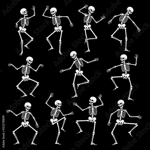 white action skeletons,  human bone figures in various dancing poses on isolated black background, goth, punk, emo