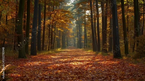 Autumn forest full of colorful summer trees with dirt forest road, sunlight shines through tall trees leaves covering an autumn path, seamless looping animation background