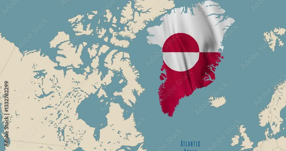 Animated world map with Greenland island in the colors of the national flag