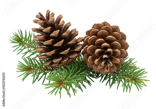 Wallpaper Mural Brown pinecones with a rough natural texture resting on a fresh green pine branch isolated on transparent background Torontodigital.ca