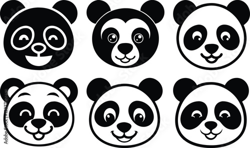 Cute Panda Faces, Perfect for Kids' Design.Six cheerful panda head illustrations, outlined in black, are perfect for children's products, decorations, or educational materials.