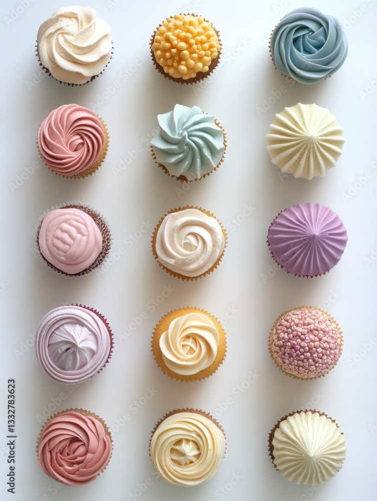 Colorful Cupcakes with Unique Frosting Designs Arranged on White Background Colorful Cupcakes with Unique Frosting Designs Arranged on White Background
