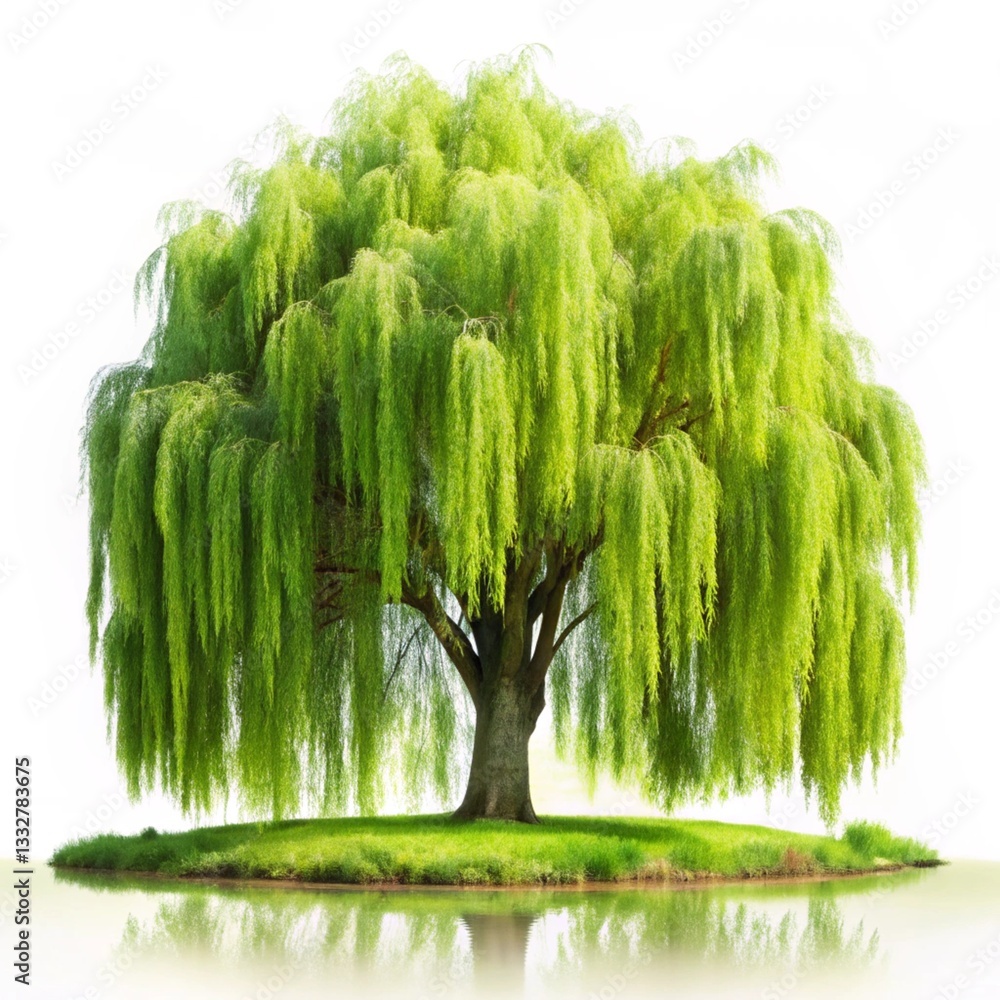 Lush Weeping Willow in a Tranquil Landscape Isolated on White Background