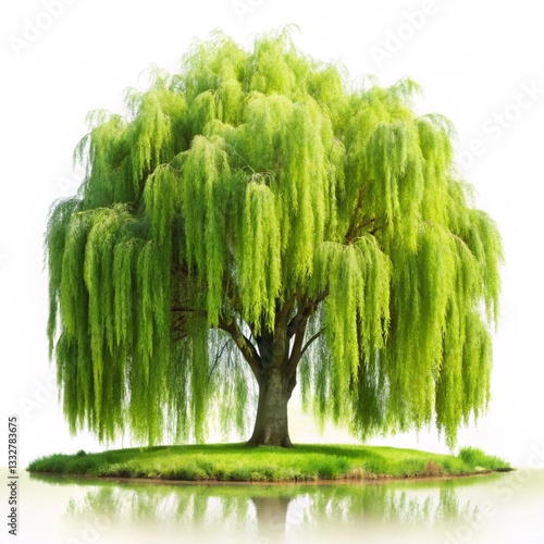 Obraz na płótnie Lush Weeping Willow in a Tranquil Landscape Isolated on White Background w salonie
