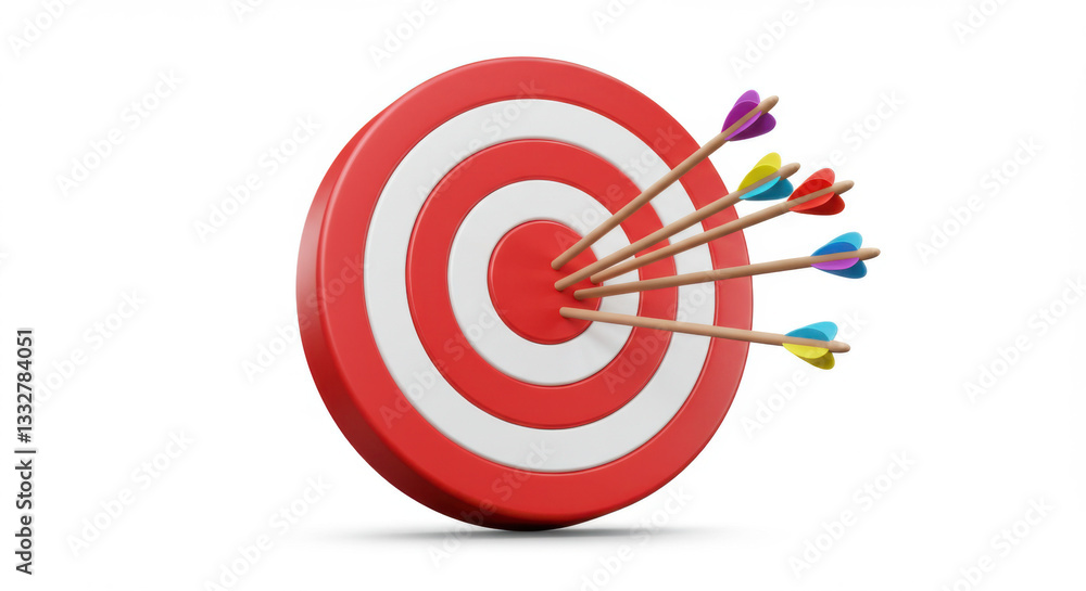 3D icon of a red target with a bullseye and arrows hitting center 3D icon of a red target with a bullseye and arrows hitting center