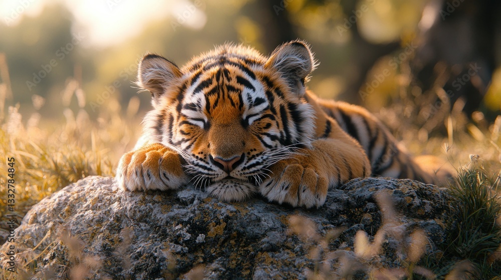 Obraz premium Peaceful Slumber: A Siberian Tiger Cub Resting on a Rock