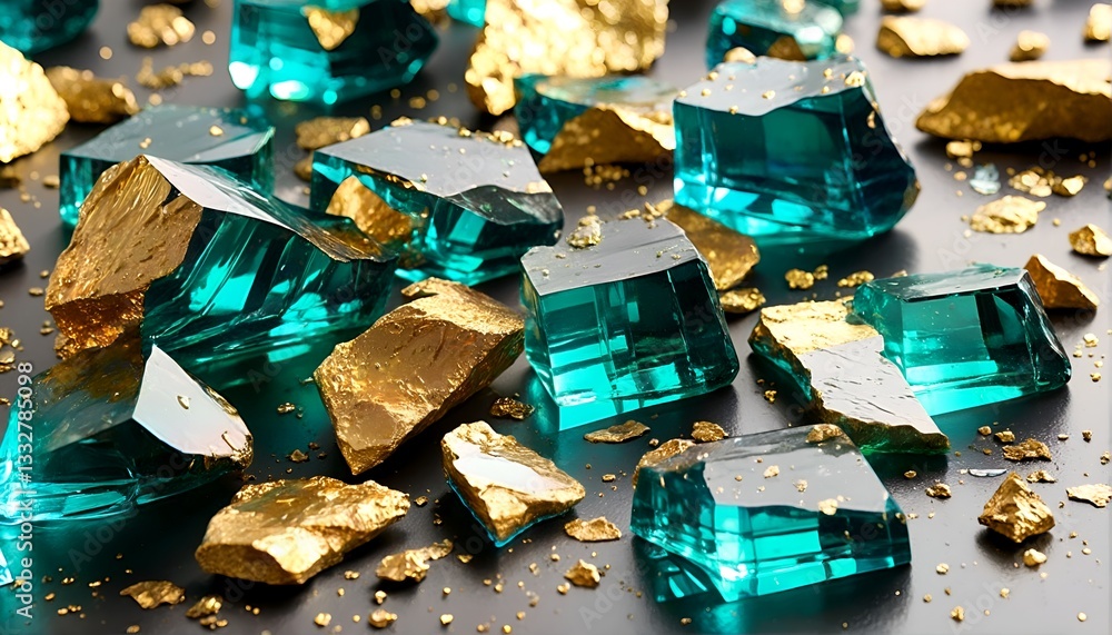Emeralds and Gold Crystals Scattered on a Gray Surface. Emeralds and Gold Crystals Scattered on a Gray Surface.