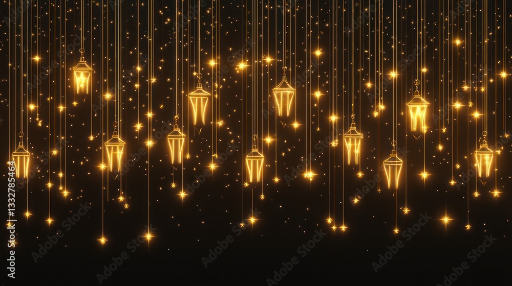 Fototapeta premium Golden lanterns rain, night, celebration, festive background