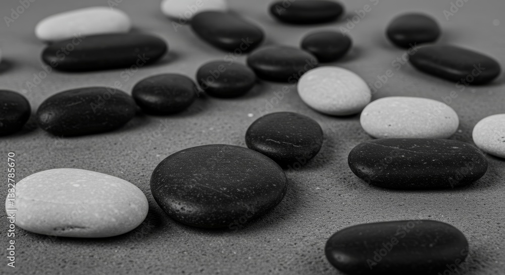 Smooth Stones Arrangement - Black and white stones arranged on a gray surface, creating a calming and serene visual Smooth Stones Arrangement - Black and white stones arranged on a gray surface, creating a calming and serene visual