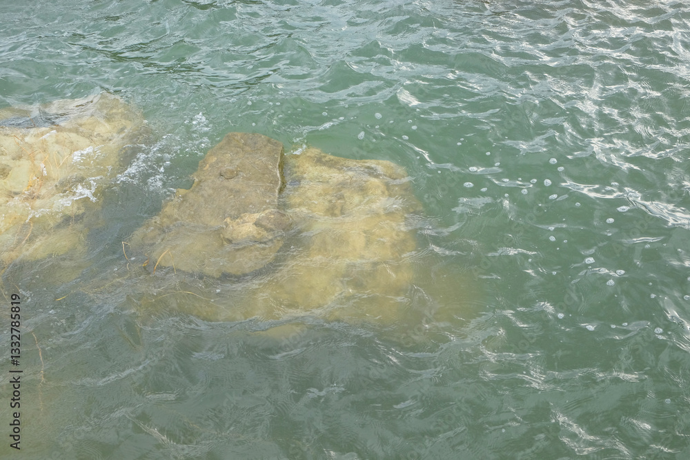 Fototapeta premium Submerged limestone rocks beneath crystal clear lake water in natural daylight. Freshwater landscape and tranquil nature concept