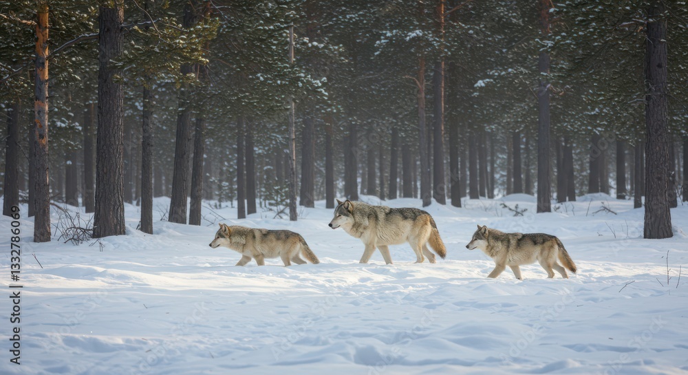 Naklejka premium Wolves Walking Through Snowy Forest on Winter Day Adventure