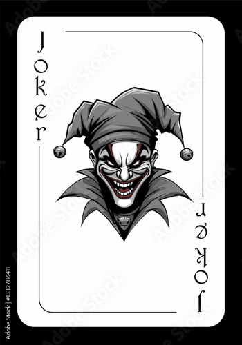 Playing card joker with the image of a jolly jester in a jesters cap. Black joker, playing card. Vector illustration