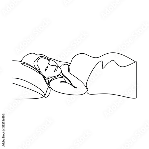 Woman Sleeping Peacefully in Bed, Line Art, Restful Night