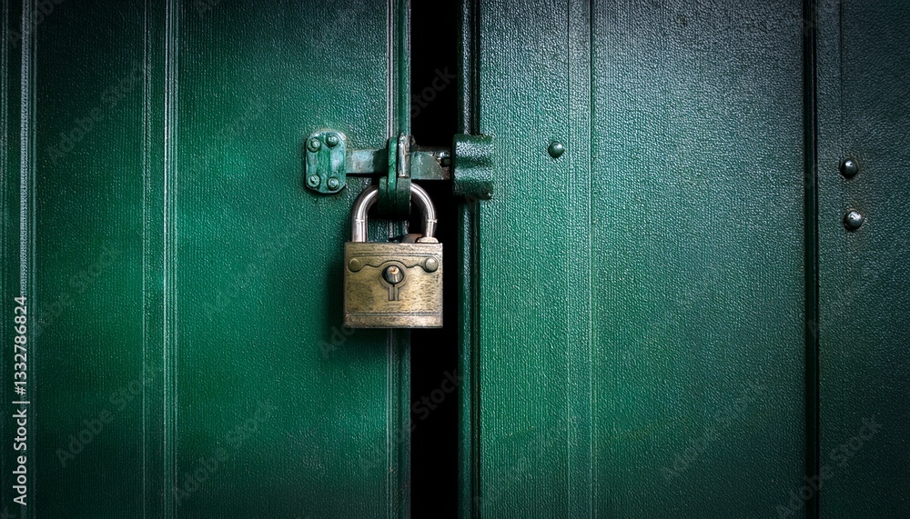 Green door locked with old padlock, dark and moody, copy space- 37118 Green door locked with old padlock, dark and moody, copy space- 37118