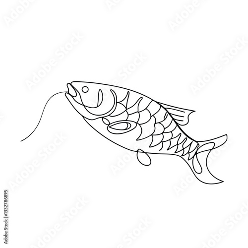 Single Line Drawing of a Fish Caught on a Hook