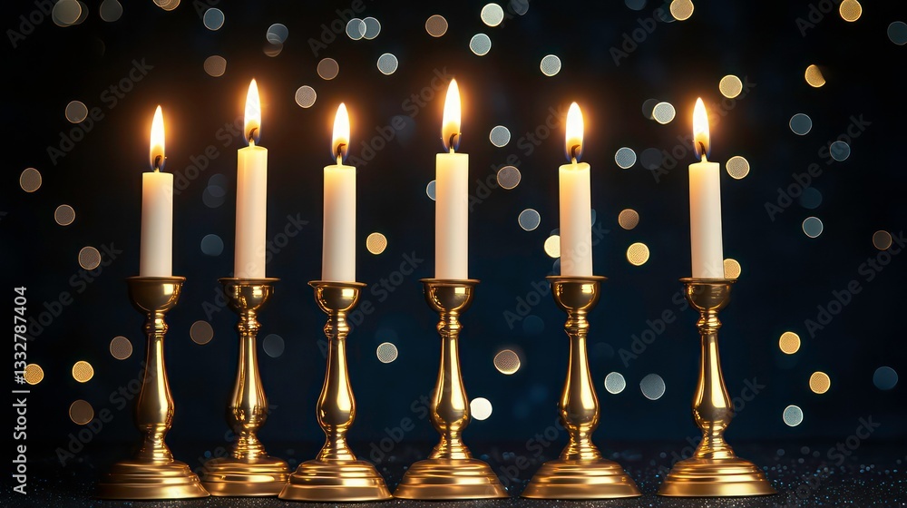 Golden candle holders with lit white candles on a dark background, showcasing an elegant and classic decorative style. Golden candle holders with lit white candles on a dark background, showcasing an elegant and classic decorative style.