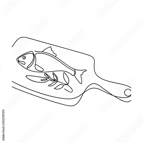 Single line drawing fresh fish on wooden cutting board