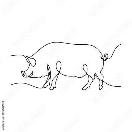Single Line Drawing of a Domestic Pig Farm Animal