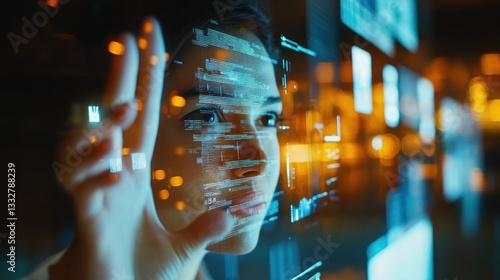 Woman interacts with augmented reality hologram interface, futuristic technology concept