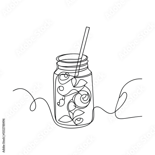 Mason Jar Beverage, Single Line Art, Floral Drink, Summer Refreshment