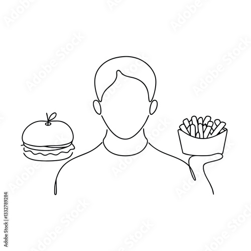 Healthy Eating Choices Person Deciding Between Apple, Burger, Fries