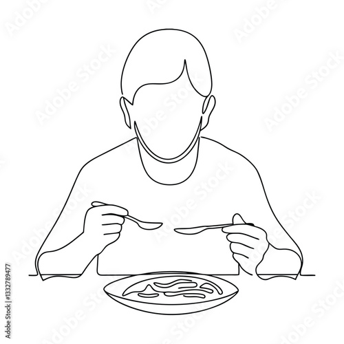 Single line drawing Person eating a meal, simple food illustration