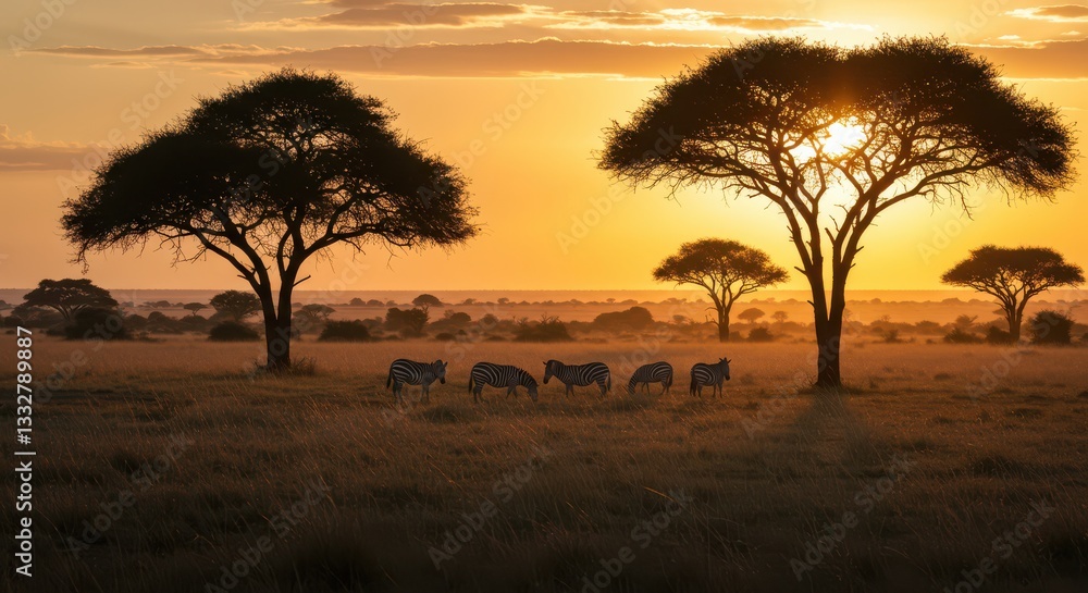Obraz premium Zebras Grazing in Savannah at Sunset with Silhouetted Trees