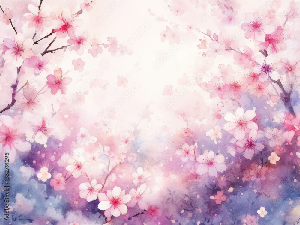 Spring seasonal background with cherry sakura pink and white blossoms. Easter watercolor card Spring seasonal background with cherry sakura pink and white blossoms. Easter watercolor card