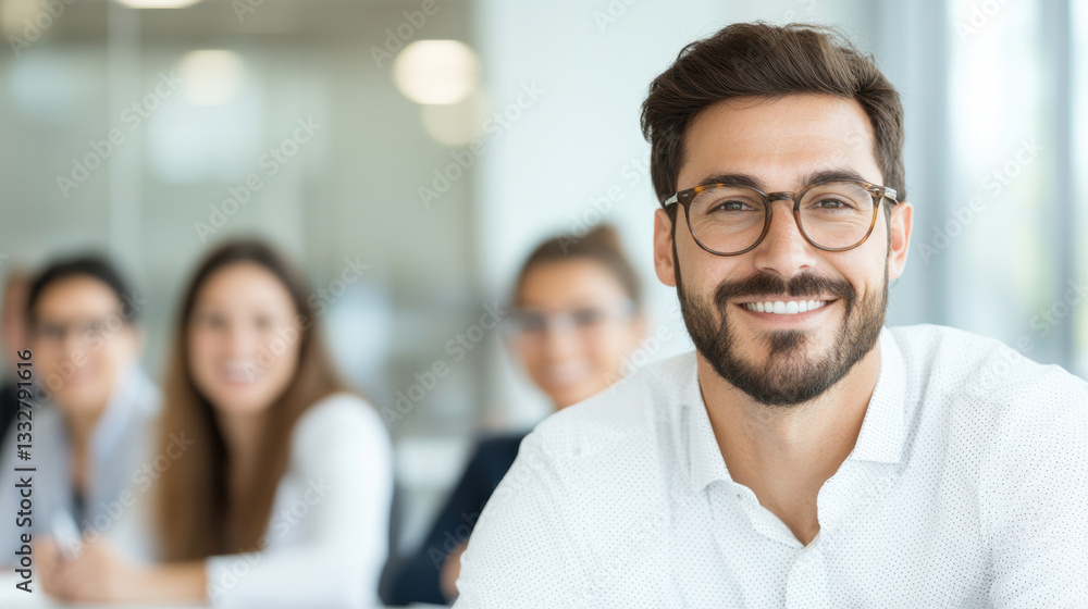 Workplace Diversity Job and Talent Acquisition, Smiling man in office with colleagues in background Workplace Diversity Job and Talent Acquisition, Smiling man in office with colleagues in background