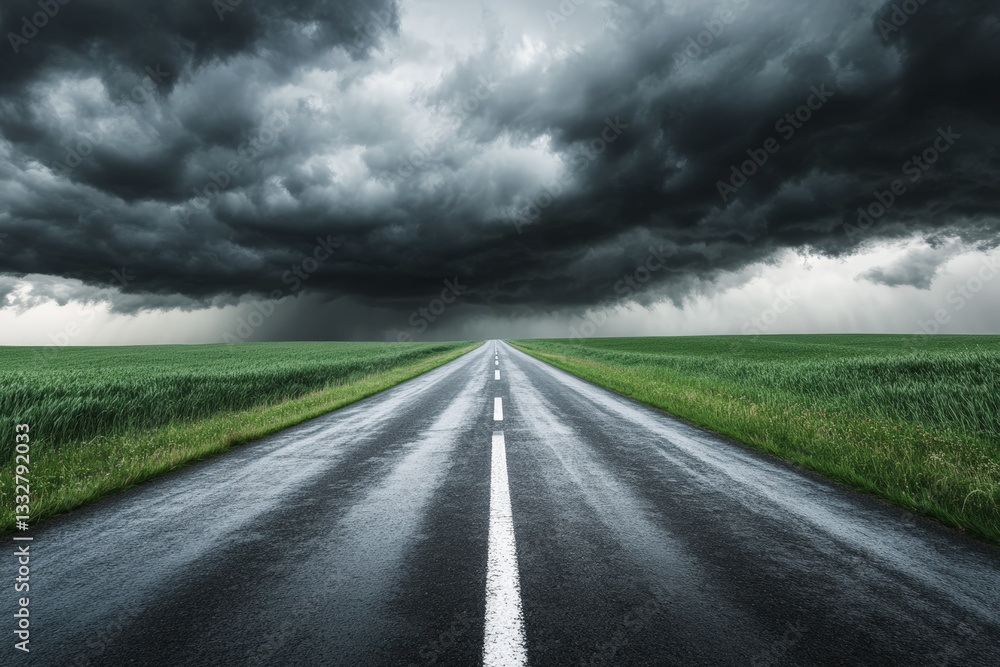 Naklejka premium Straight highway road with black rain clouds, natural summer landscape, dramatic sky