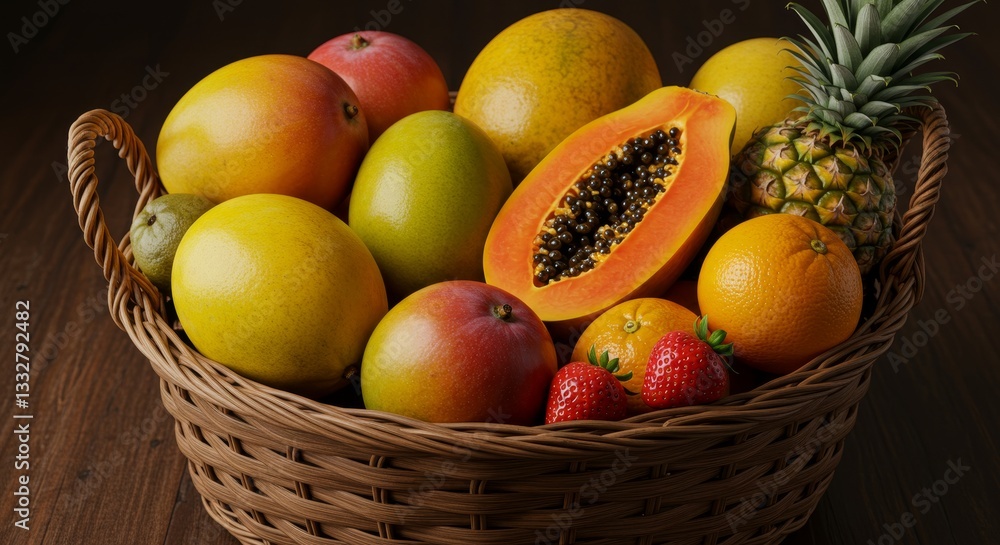 Wicker Basket of Tropical Fruits - A wicker basket overflowing with vibrant tropical fruits, symbolizing abundance, freshness, summer, healthy eating, and exotic flavors Wicker Basket of Tropical Fruits - A wicker basket overflowing with vibrant tropical fruits, symbolizing abundance, freshness, summer, healthy eating, and exotic flavors