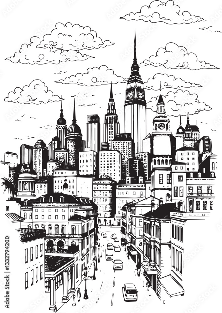 Obraz premium City landscape. Line urban backdrop. Different buildings on street, outline cityscape hand sketch, flat houses. Hand drawn vector illustration