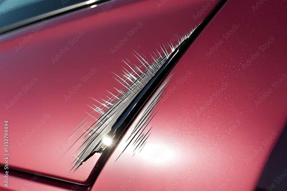Close-up of a scratch on a car’s paint, showing detail of the damaged surface. Close-up of a scratch on a car’s paint, showing detail of the damaged surface.