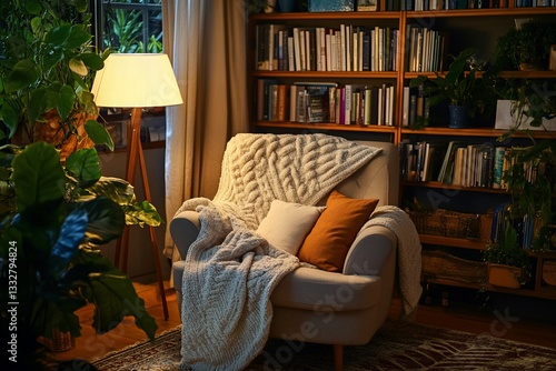 Cozy corner armchair, bookshelves, plants, warm light, home relaxation, interior design, inviting atmosphere, perfect for reading photo