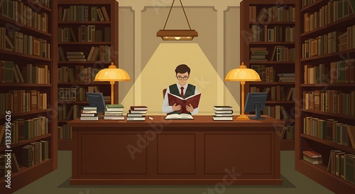 Man Reading Book at Desk Surrounded by Bookshelves in Library
