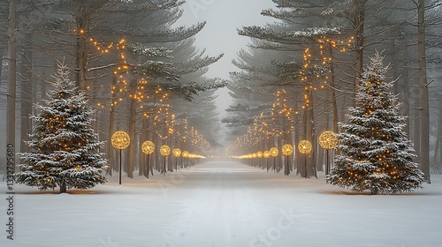 A snowy forest path lined with christmas lights during winter