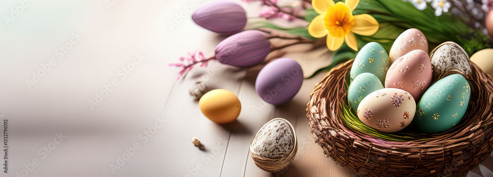 Easter's Day background thematic with eggs in a basket and flowers Easter's Day background thematic with eggs in a basket and flowers