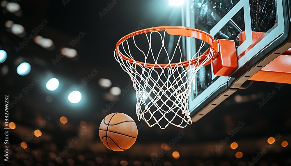 Fototapeta premium A basketball soaring towards the net on a brightly lit court