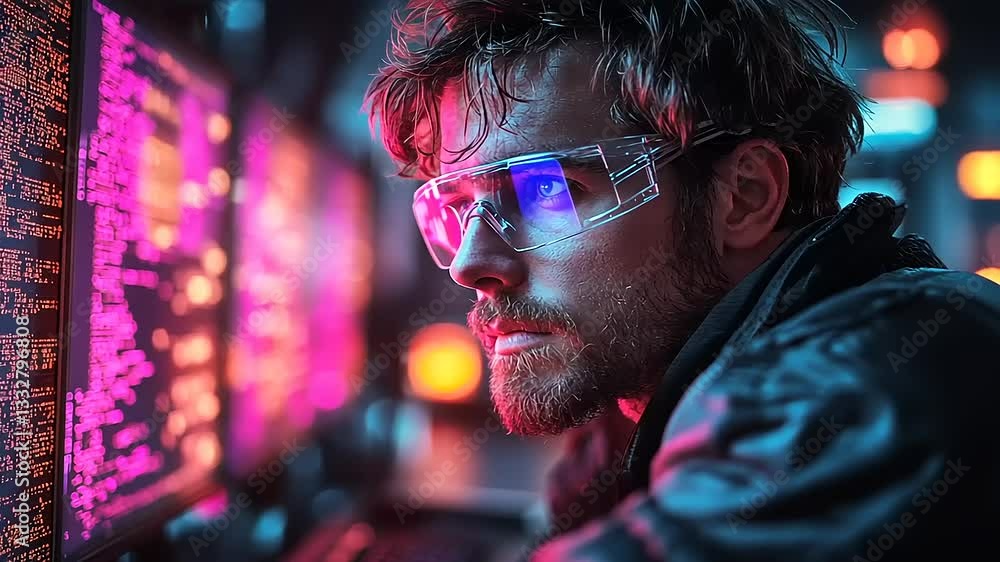 Focused hacker analyzing data in a neon-lit room Focused hacker analyzing data in a neon-lit room