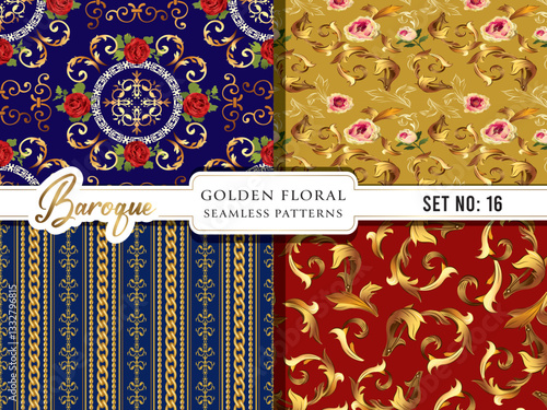 Baroque Seamless Golden Floral Vector Patterns. Fashionable silk textile print, fashion ornament, wallpaper, wrapping paper stock illustration