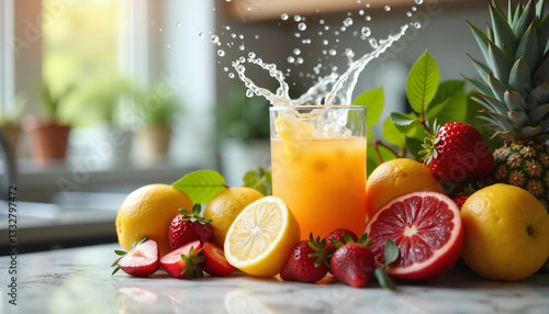 Fresh fruit juice splashing in a glass surrounded by vibrant strawberries, lemons, and pineapples on a kitchen countertop
