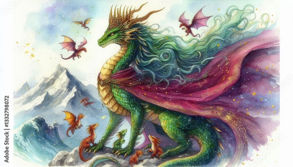 Obraz premium Epic confrontation majestic dragon and tiny dragons in a surreal digital fantasy realm