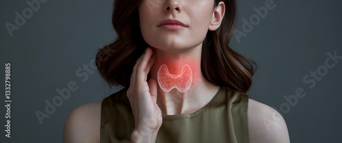 Woman's neck with highlighted thyroid gland, illustrating medical concept.  Image showcases thyroid health and potential issues.  Useful for awareness campaigns.